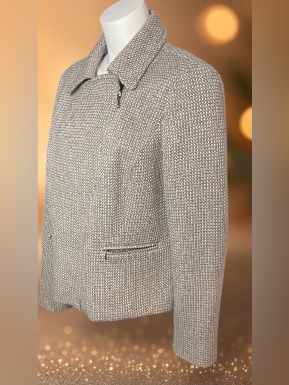 Talbots Lined Silver Gray, Tan and Cream Wool Blend Moto Jacket Blazer Size 14
